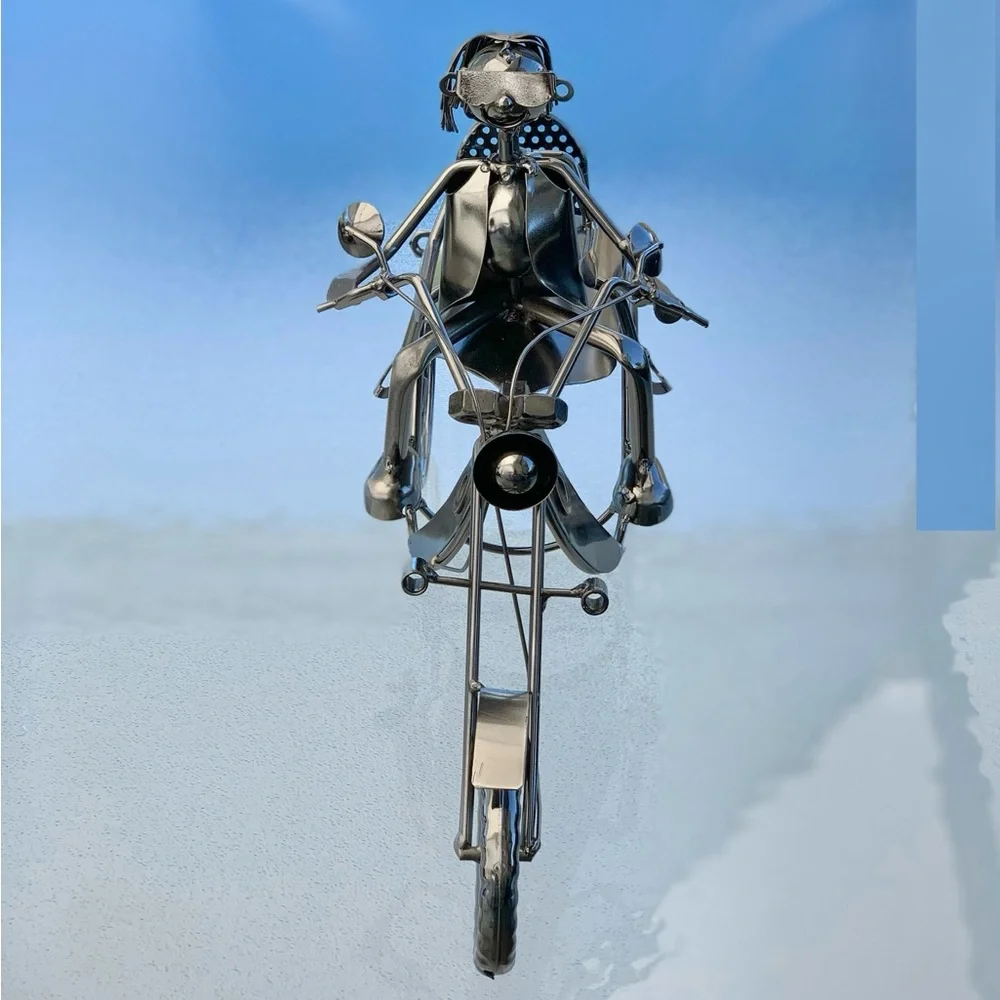Couple On A Motorcycle Single Wine Bottle Holder Metallic Sculpture